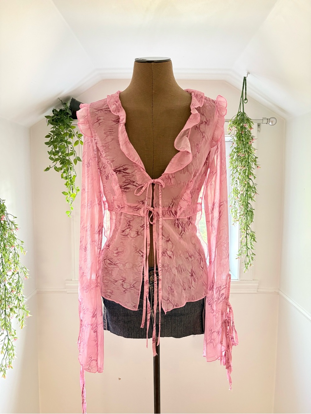 Pink Ruffled Sheer Tie-Front Blouse
